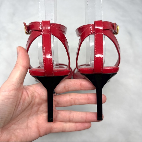 Saint Laurent Strappy Patent Leather Square Toe Ankle Strap Mid Sandal Heels Red - Picture 7 of 14